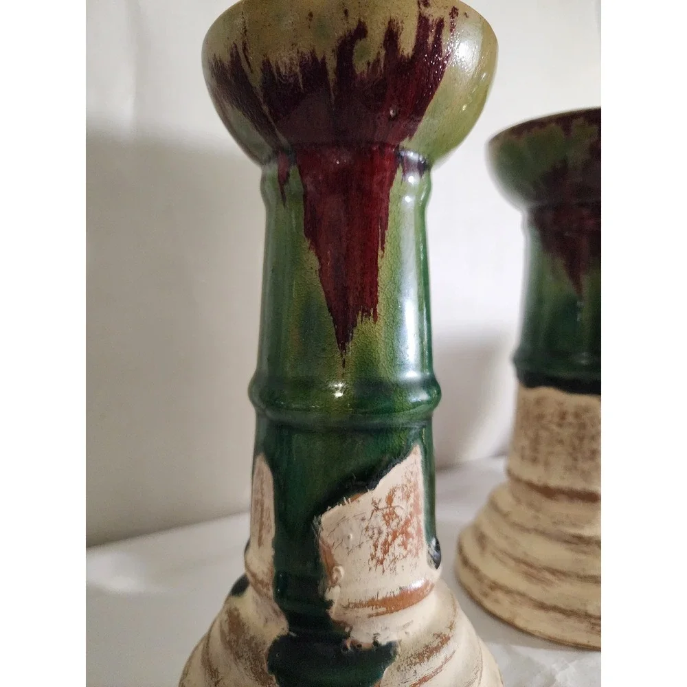 Vintage Artisan Ceramic Drip Glaze Candlestick Holders Pair Green Burgundy Cream